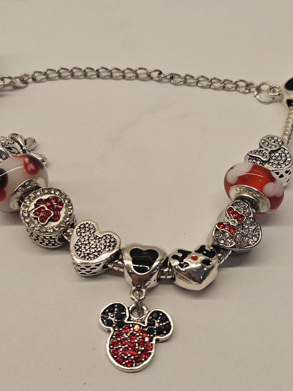 Childs Silver and Red Heart Charm Bracelet with Red Crystal Mickey Pendant NEW